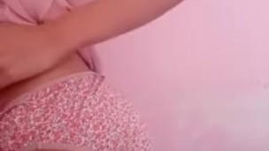 asian in pigtails and cute pink dress for daddy teasing
