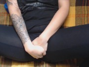 Hairy pussy queefing on plaid blanket in leggings and red panties 2/16