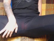 Hairy pussy queefing on plaid blanket in leggings and red panties 4/16