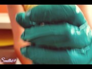 Giving him a safe and slow HANDJOB with green gloves and mask || Slow CUM 7/16
