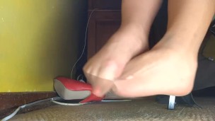 Shoeplay and nylon feet in sexy red heels
