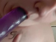 Me sucking on a purple jelly dildo then fucking myself~ 9/16
