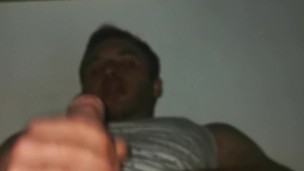 College guy jacks off big curved cock