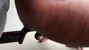Riding and cumming on a dildo stuck on the trailer hitch outdoors