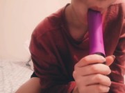 For lack of a big cock I give a blowjob to my toy before putting it in