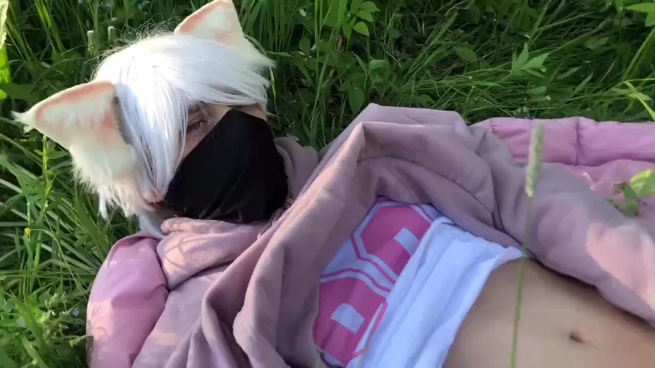 Neko femboy publicly Masturbates and cums in nature