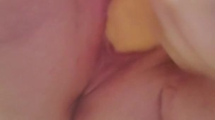 Redhead cums on toy and licks the cum off