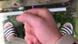 British teen boy jerks off and cums outside on the wall (OUTDOOR CUM)