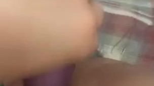 Fucks juicy pussy with huge dildo