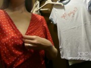 Hot girl play with pussy and tits in the dressing room, public masturbation