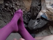 POV video of NightMiss feet in purple pantyhose giving sloppy handjob 12/16
