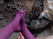 POV video of NightMiss feet in purple pantyhose giving sloppy handjob 13/16