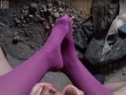 POV video of NightMiss feet in purple pantyhose giving sloppy handjob 16/16