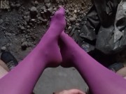 POV video of NightMiss feet in purple pantyhose giving sloppy handjob 2/16