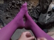 POV video of NightMiss feet in purple pantyhose giving sloppy handjob 3/16