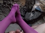 POV video of NightMiss feet in purple pantyhose giving sloppy handjob 8/16