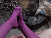 POV video of NightMiss feet in purple pantyhose giving sloppy handjob 9/16