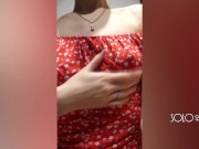 Innocent girl in a red dress public masturbation in a dressing room store 15/16