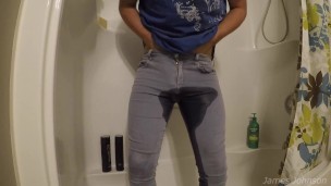 Guy Pees Himself (Fully Clothed In the Shower)