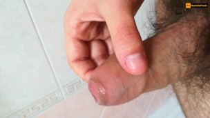 Hairy young dick with tight uncut foreskin jerked off and cum