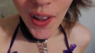 Happy Camgirl Daddy Buys her a Collar Nipple Clamps Dark Purple Bra and Panties 