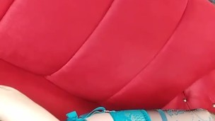 Touching myself in turquoise latex garter-belt & stockings