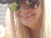Blonde Big Fake Boobs Tanning Outside Smoking a Cig Playing with My Wet Pussy 