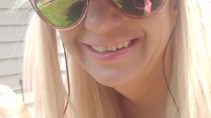 Blonde Big Fake Boobs Tanning Outside Smoking a Cig Playing with My Wet Pussy 