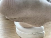 Pretty girl sexy white sneaker tease revealing stinky smelly white socks