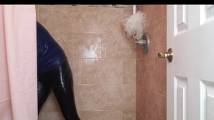 Spandex boy getting wet and soapy in shower in tights after yoga class