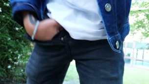 Piss mess - 3 times pissing with uncut cock public - cock and balls out of jeans
