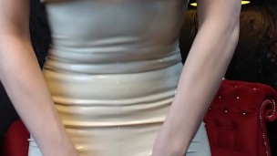 White latex dress and crotchless pantyhose tease