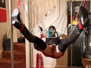 gasmasked sissy bitch sex sling chastity bondage with nipple stimulation ruined orgasm