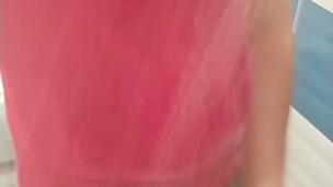 Boy on one piece swimsuit and pantyhose get shower 2