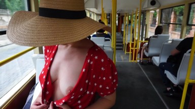 Real amateur wife flashing tits at public transport and park - handjob with cumshot on boobs!