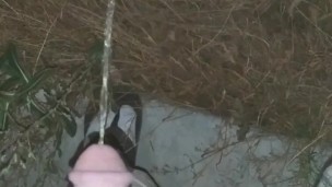 White Daddy Dick Pissing Outside Buzzed With Tan Shorts Socks And Sandals On In The Night