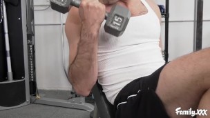 Big Tit Blonde MILF Gets Her Pussy Licked and Pumped By Stepson in The Gym