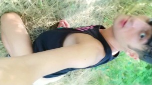 Twink eats creampie from own ass after outdoor fuck