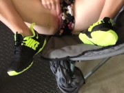 Hot MILF wearing a sexy romper slides over her panties and rubs her pussy & nipples in the garage 11/16