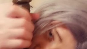 Sissy sucks BBC dildo