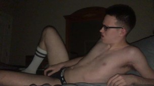 19 year old hairy college guy Jesse Gold jerks off wearing a jockstrap and glasses