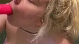 SNEAK PEAK OF BLONDE DEEPTHROATING BIG DILDO!
