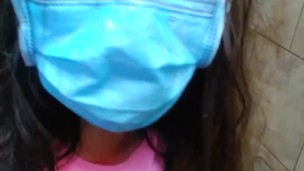 Retail Store Public Restroom Pandemic Face Mask Quarantine Cute SCARED Girl Standing up to PEE PISS 