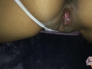 Asian wife with pink sexy dress gets creampie in pussy her