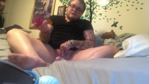 Trans man sucks and fucks his dildo