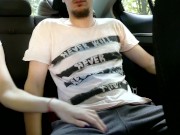 Public deep blowjob with cum swallowing, teen sucks dick for Uber driver in a car in a parking lot 1/16