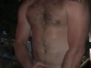 Lane outside stroking his long cock until he shoots his load 
