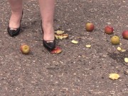 Crush fetish outdoors  Fat legs in high heel shoes crush apples 6/16
