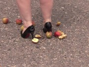 Crush fetish outdoors Fat legs in high heel shoes crush apples 11/16