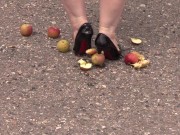 Crush fetish outdoors Fat legs in high heel shoes crush apples 13/16